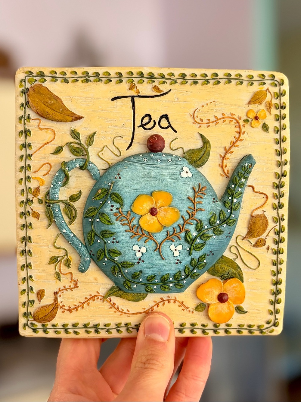 Cottagecore Floral 3D Textured Decorative Blue Teapot Wall Plaque - Tea Sign